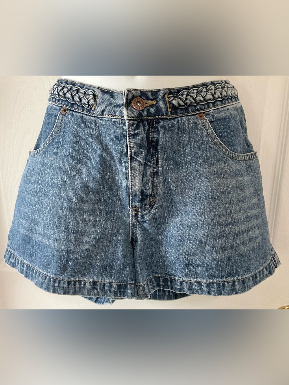 Blue Denim Midi Shorts with Braided Waistband